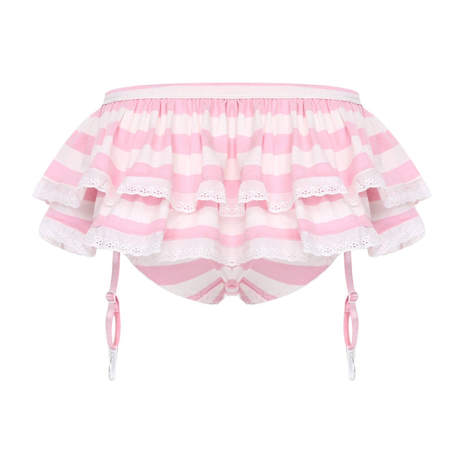 Women Anime-style Built-in Briefs Miniskirt with Garters Belt Culottes Cute Tiered Striped Hem with Lace Trim Bow Shorts Skirt