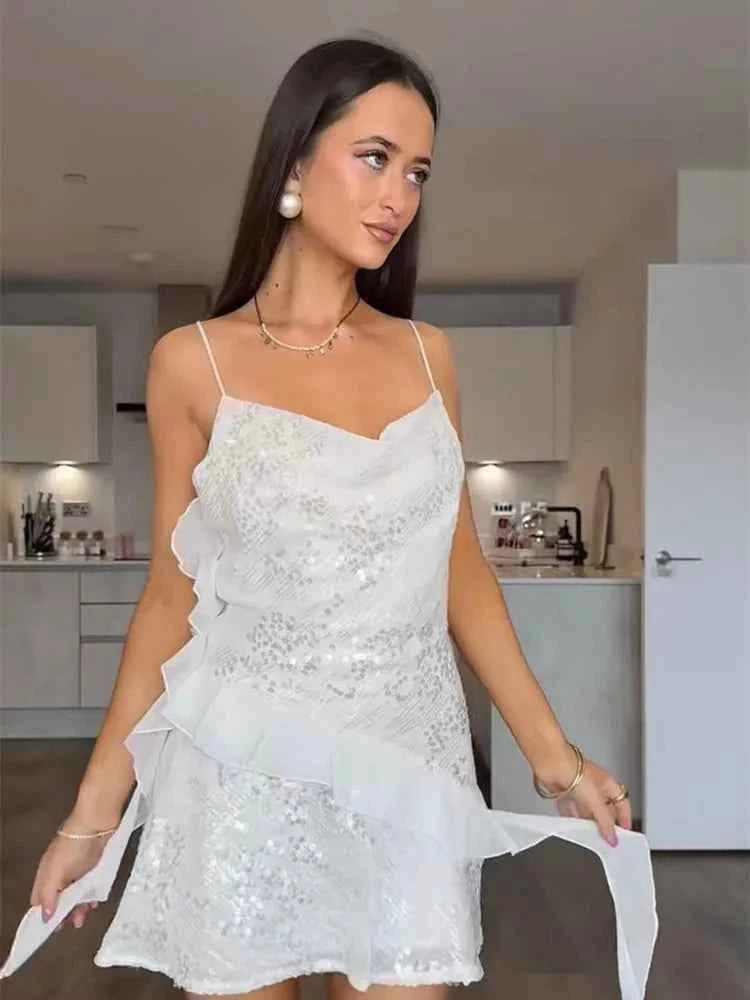 Glitter Flounce Mini Dress Woman Cinched Waist Sleeveless A-Line Halter Dresses Sexy Chic Women's Fashion Summer Short Dresses