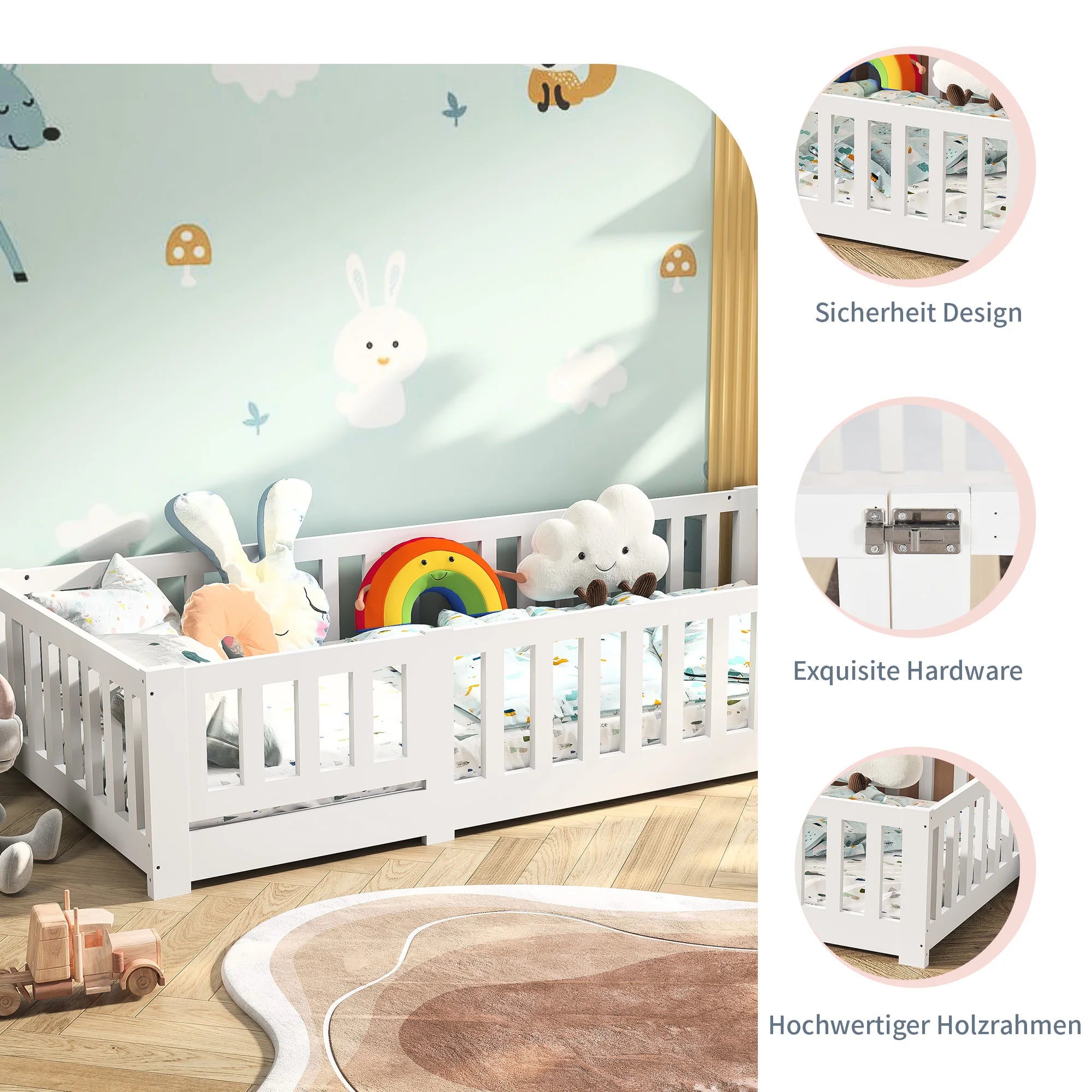 RosahqndaKids Children's Bed Solid Montessori Wooden Floor Bed with Fall Protection - Safe Toddler Bed - Scandinavian Design