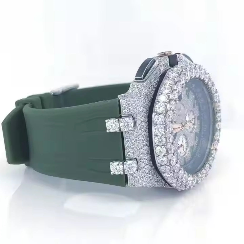 Luxury Hip Hop Diver Watch Three Sub Dial Iced Moissanite Diamond Square Stainless Steel Glass Dial Window Rubber Strap Sport