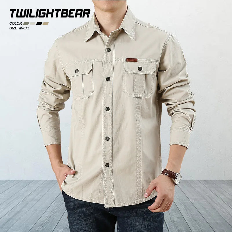 Pure Cotton Men's Shirt Men Oversized Loose Long Sleeve Cargo Shirts Men Clothing High Quality Solid Plus Size Casual Shirt 6XL
