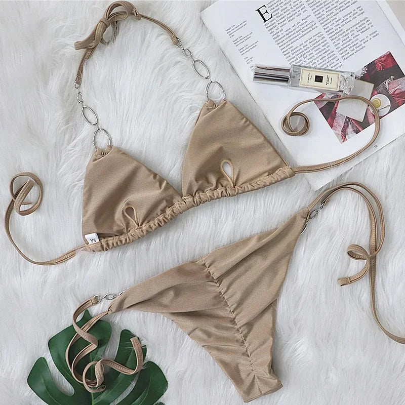 Metal Chains Rhinestones Diamond Bikini Women Swimsuit Female Swimwear Two Pieces Bikini Set Brazilian Bather Bathing Suit Swim