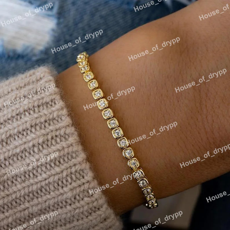 925c Silver Tennis Bracelet With Round Cut Moissanite Diamonds Square Settings Perfect Luxury Bracelet Gift For Women