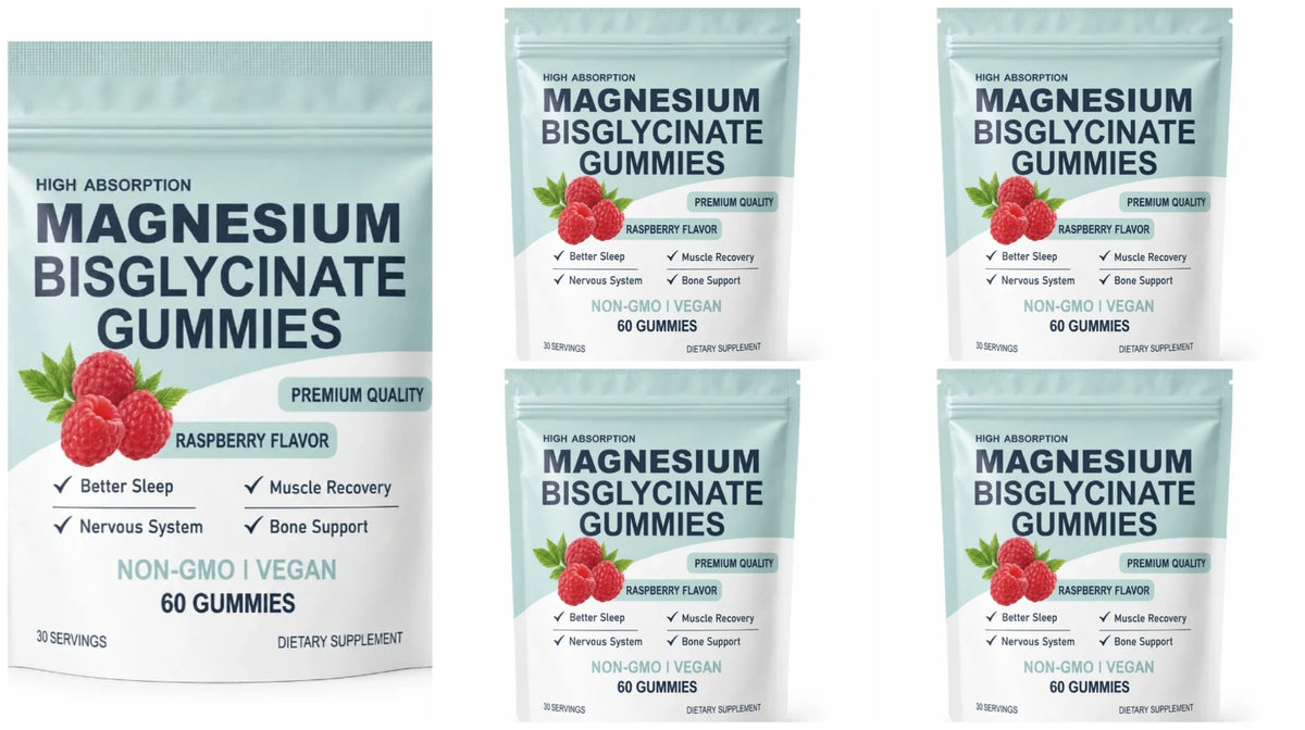 5 bags Package Magnesium Bisglycinate Gummies Raspberry Flavor 60 Count