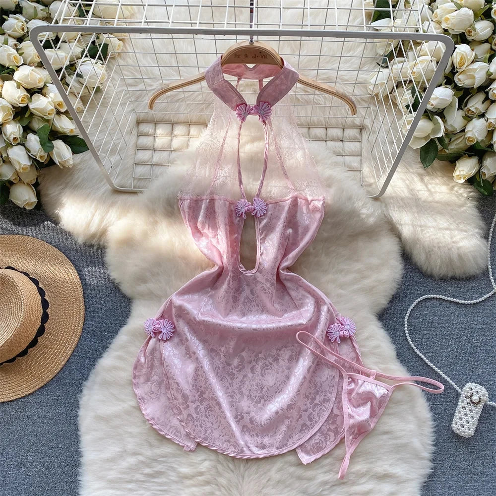 Summer Girls Sexy Hot Sweet Transparent Suspender Mini Dress Women Elastic Waist And Backless Strap Lolita Pajamas Bubble Skirt
