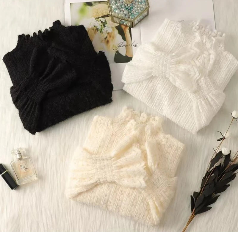 Lace Half Turtleneck Knitted Sweater Women Fall Winter Thick Warm Long Sleeve Pullover Korean Chic Slim Hollow Out Jumper New