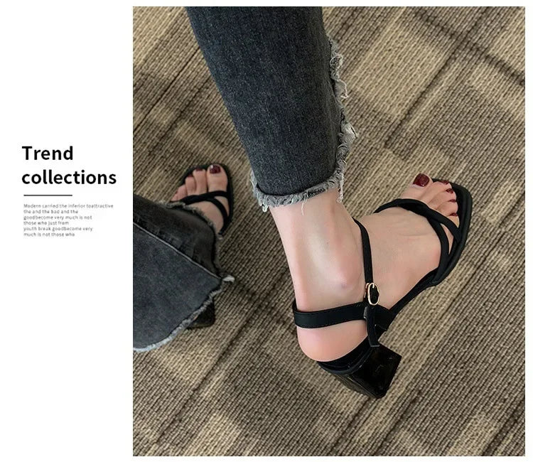 Sandals, 2025 Summer New Fashion Gentle Retro Chunky Non-slip Sandals, A Line with 5cm High Heels Summer Beach Sandals