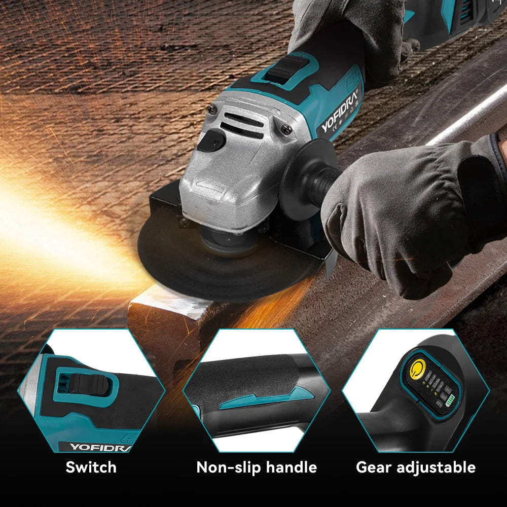 YOFIDRA 4 Gears Brushless Angle Grinder 125mm Cordless Cutting Polishing Cutting Machine Power Tool For Makita Battery Pin