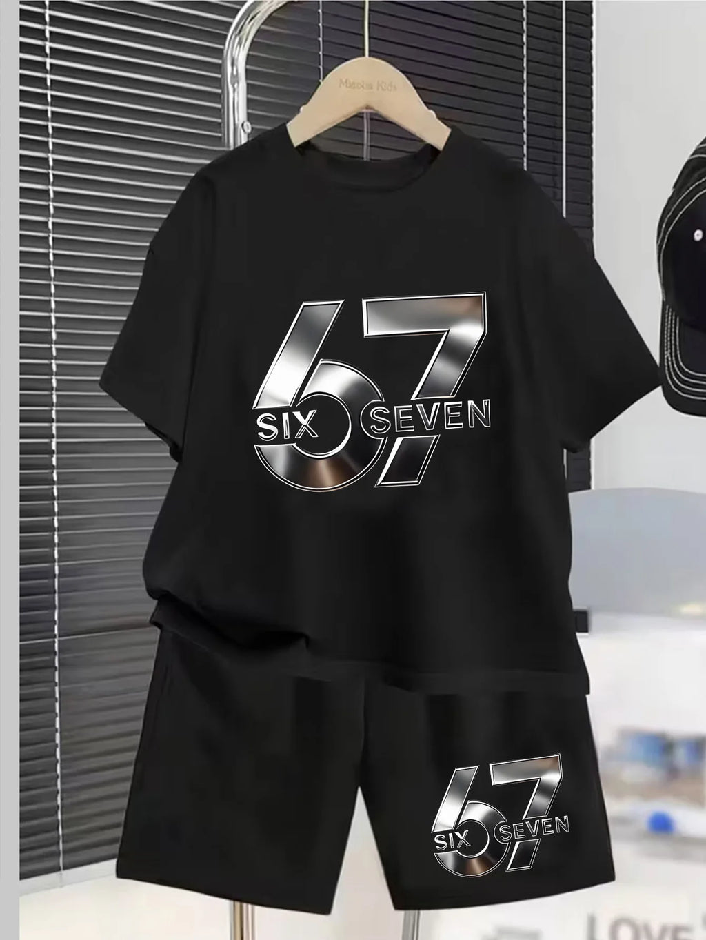 Boy And Girl 67 Six Seven Print Children's Set,Casual Fashionable Comfortable Versatile Short-Sleeved T-Shirt+Shorts 2-Piece Set