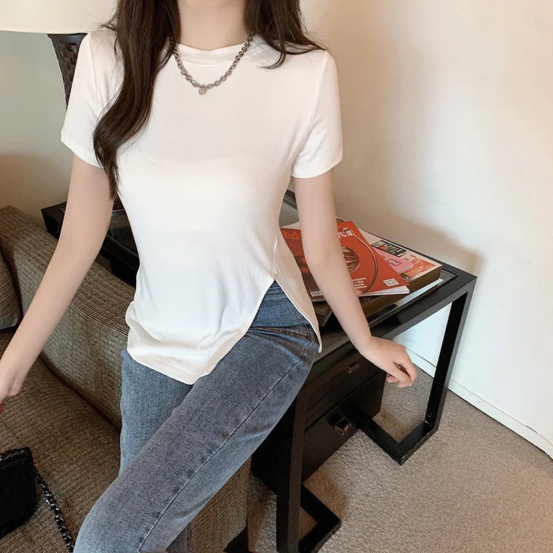 Korean Solid Slit Design Short Sleeve Tee Summer Y2K Streetwear Sexy Top New American Fashion All-match Top for Women