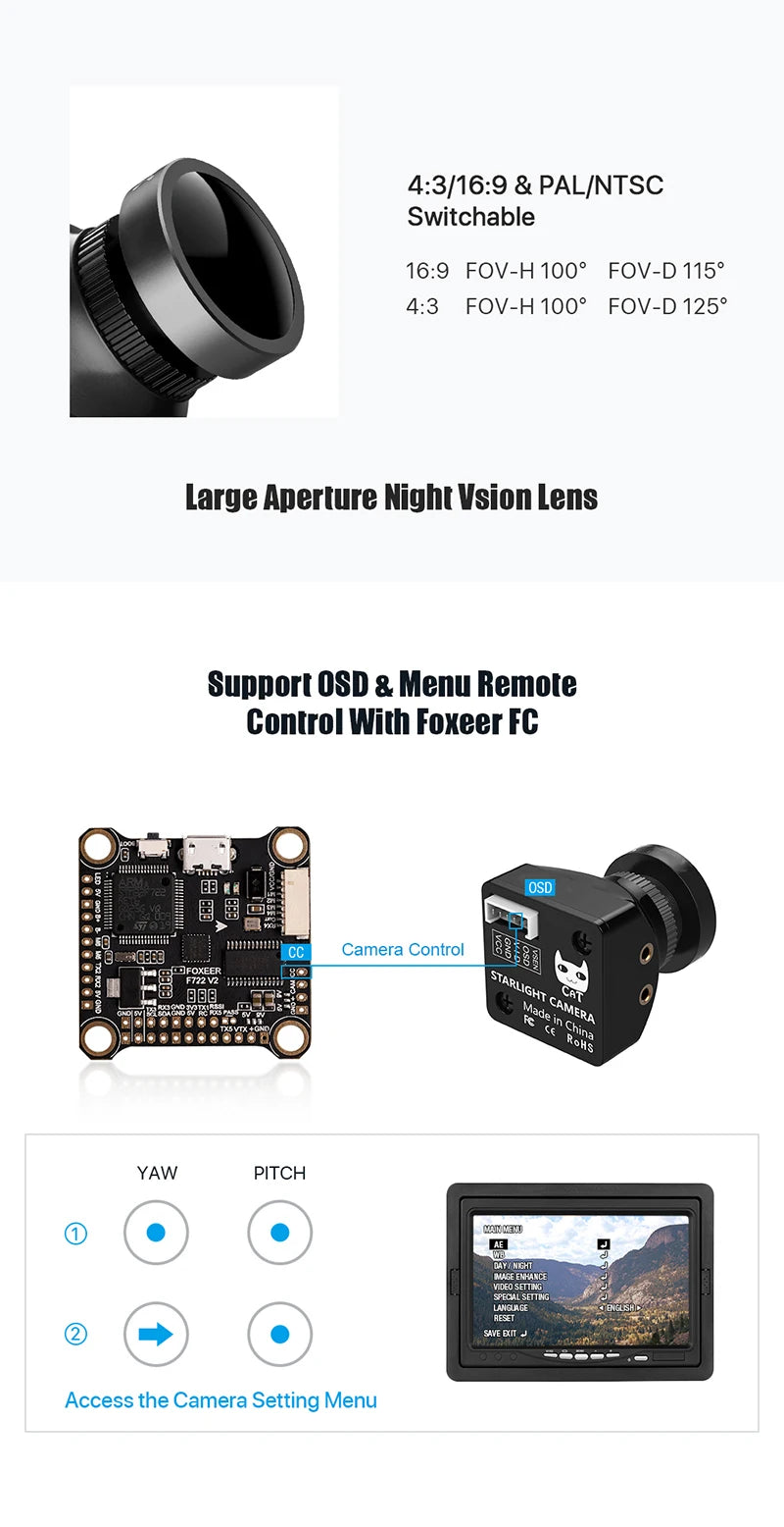 Foxeer Mini Cat / Micro Cat 4 1200TVL Starlight 0.00001Lux FPV Camera Low Latency Low Noise FPV Camera For RC FPV Racing Drone