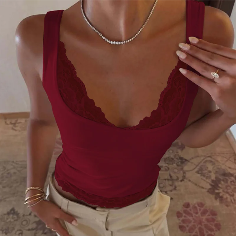 Dulzura Square Collar Backless Slim Lace Ruffles Patchwork Tank Top Women'S Fashion Sexy Y2K Top Party Vacation Summer Clothes