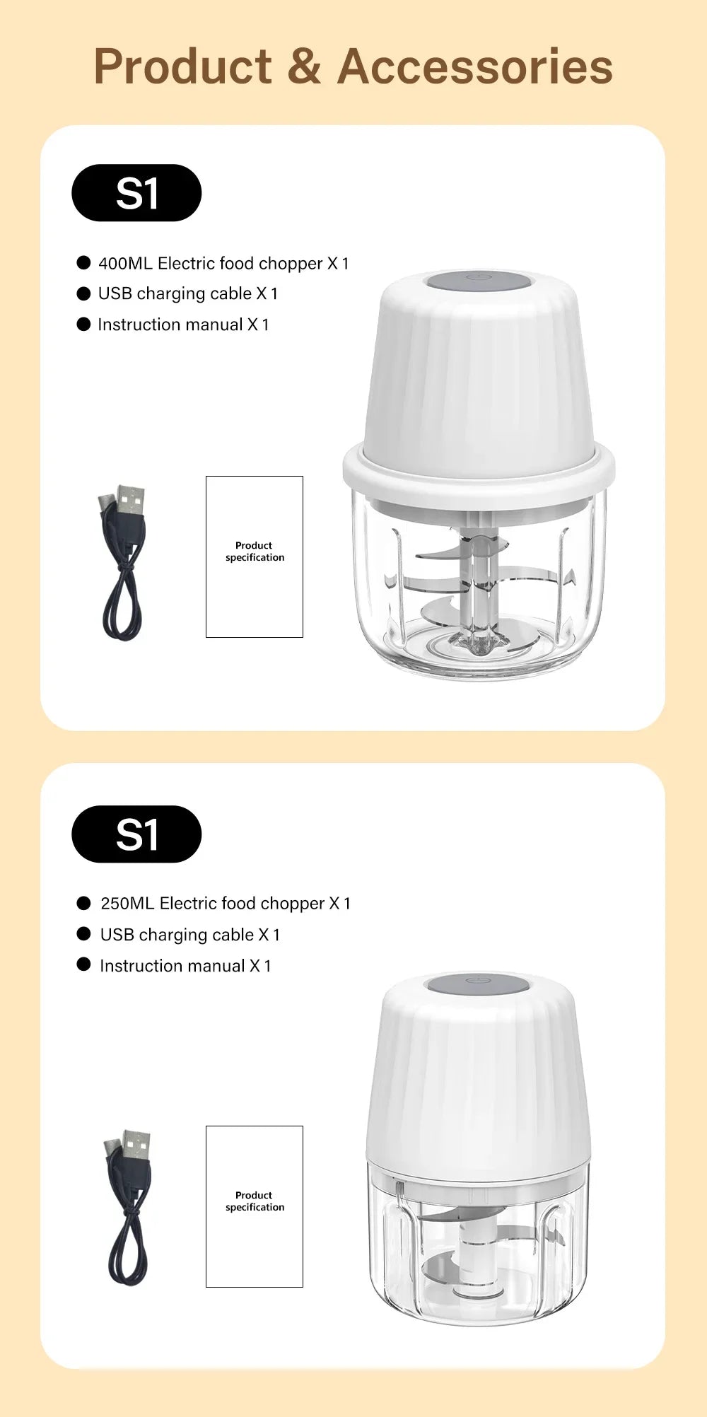 Portable Electric Garlic Mincer 400ML with 6 Blades - USB Charging Mini Vegetable Chopper for Home Cooking & Picnics