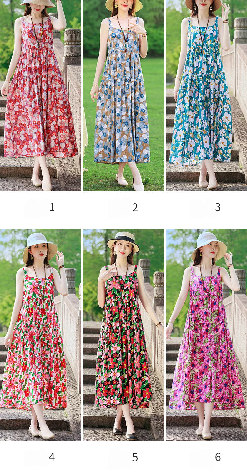 New Fashion Casual 2025 Summer Elegant Dresses For Women O-Neck Print Vintage Sleeveless Dress Loose Women Clothing