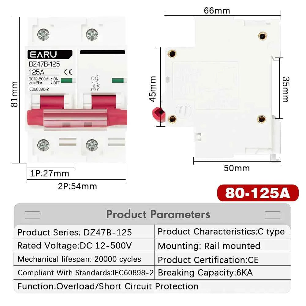 1P 2P DC MCB 12V 24V 48V Circuit Breaker Battery Car Protector DZ47 DC Positive Negative Pole Rotection  Protect Switch Isolator
