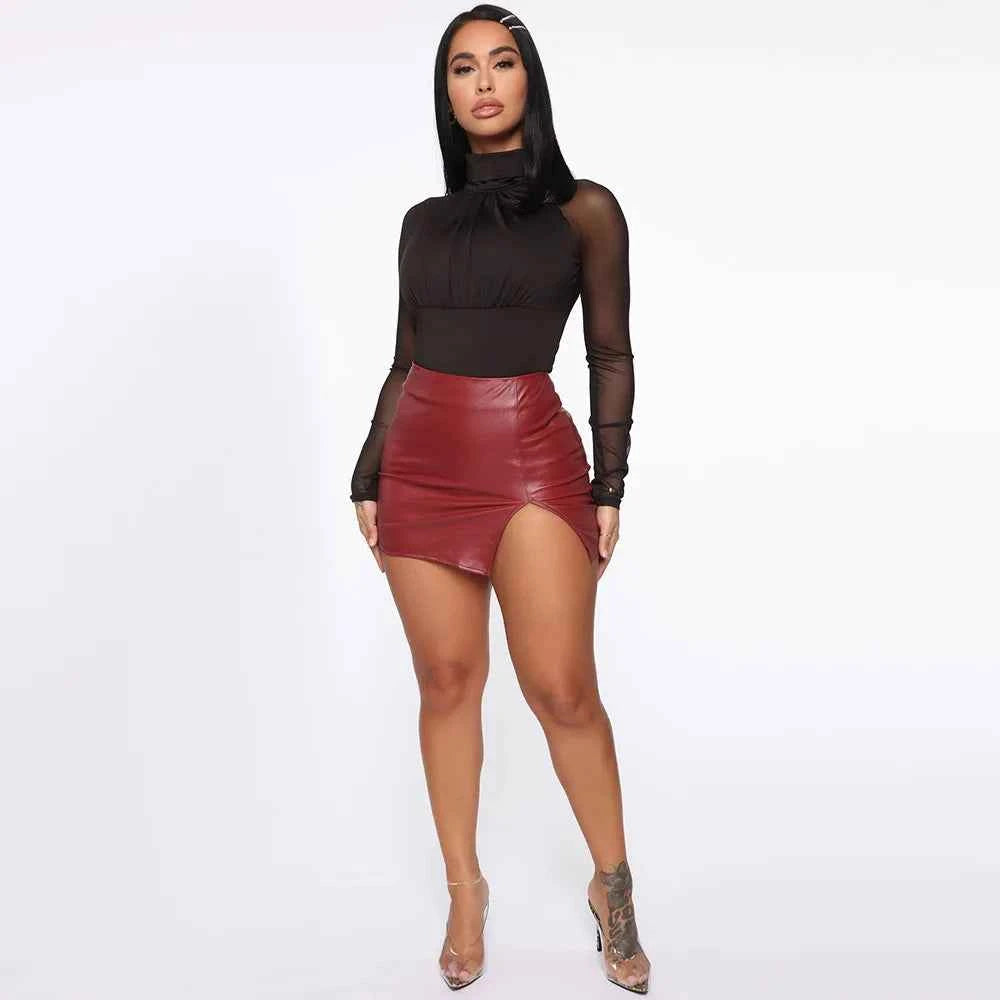 2025 Women Leather Night Clubwear Skirts Summer Pure Color PU-leather Zipper Sexy Hip Leather Mini Skirts