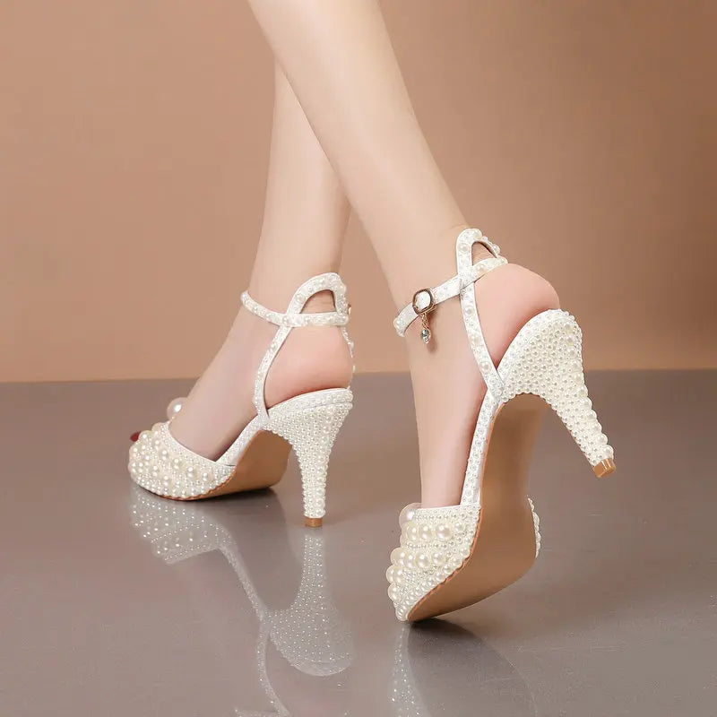 2025 Autumn New Fish Mouth High Heels Waterproof Platform Shallow Mouth 8.5cm Pearl Women'S Single Shoes Bride Wedding Shoes