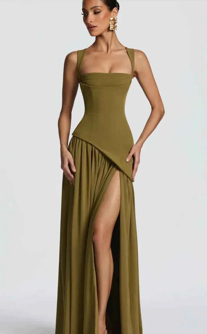 Suninheart Summer Elegant Olive Green Maxi Dress for Women Flowy Long Dress with Scarf Birthday Party Beach Graduation dress
