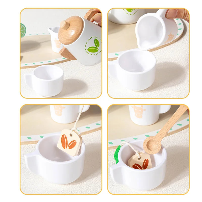 Kids Wooden Educational Toys Pretend Play Tea Dessert Set Role Play Game for Kindergarten Toddlers