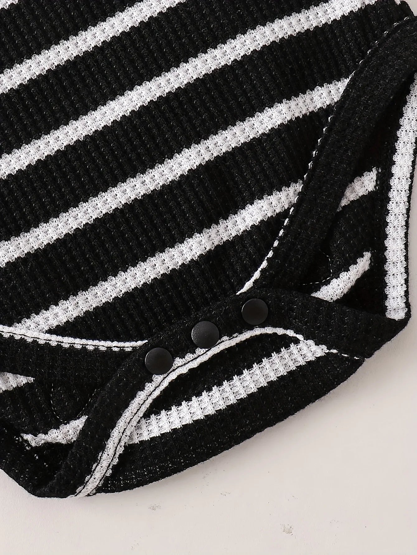 Single-Piece Polyester-Spandex Knit Striped Baby Boy Romper with Fun Cartoon Bear Patch Pattern, Black and White Stripes, for Spring and Summer Casual Style