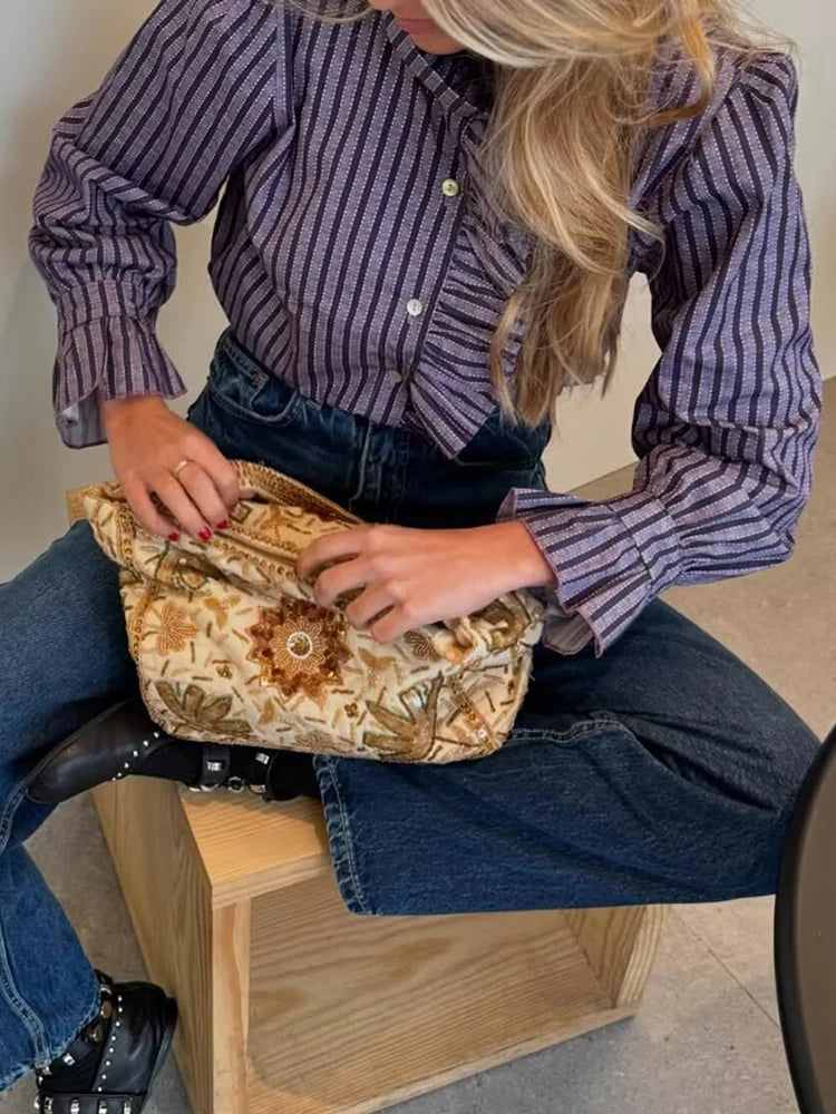 Sweet Women Ruffles Plaid Purple Shirts 2025 Fashion Ladies Casual Stand Collar Blouses for Party Female Elegant Tops Clothes