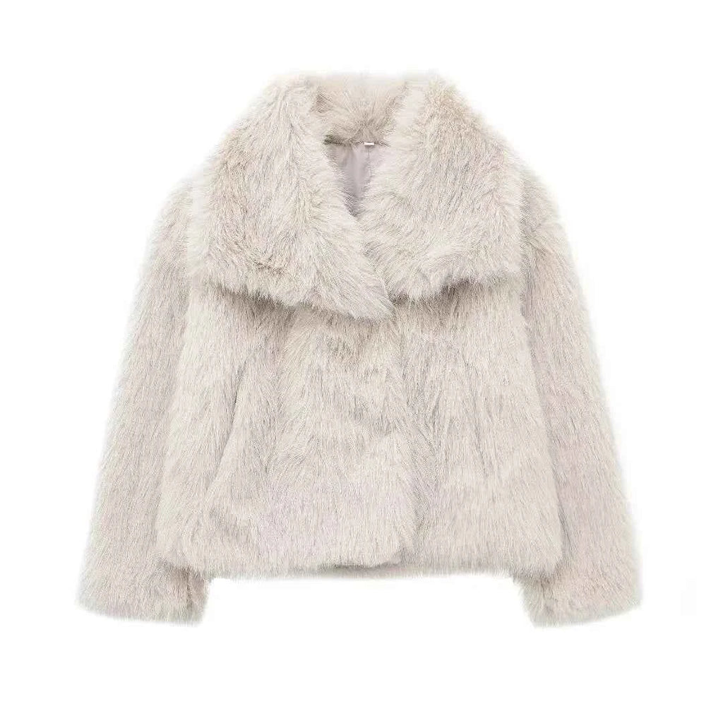 HH Women Fashion Cropped Faux Fur Jacket Coat Long Sleeve Front Snap-button Female Outerwear Chic Lapel Collar Thick Coat