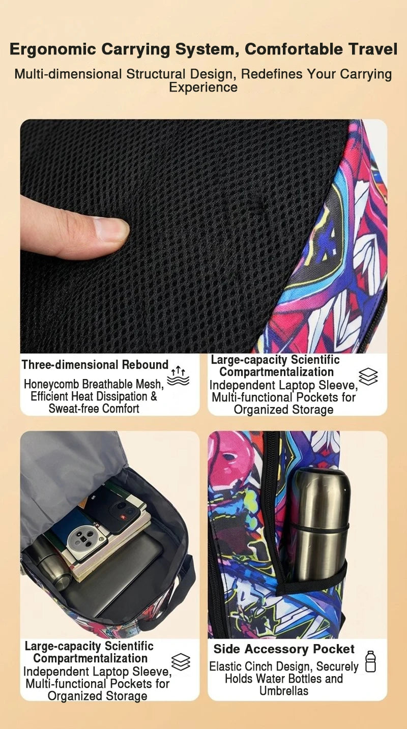 A Hip-Hop Street-Style Backpack with Spray-Painted Ground Motifs for Men, a New Trendy Lightweight Printed Backpack with a Checkered Pattern, Also a Fashionable Outdoor Commuter Bag, Large-Capacity Travel Bag, Multifunctional