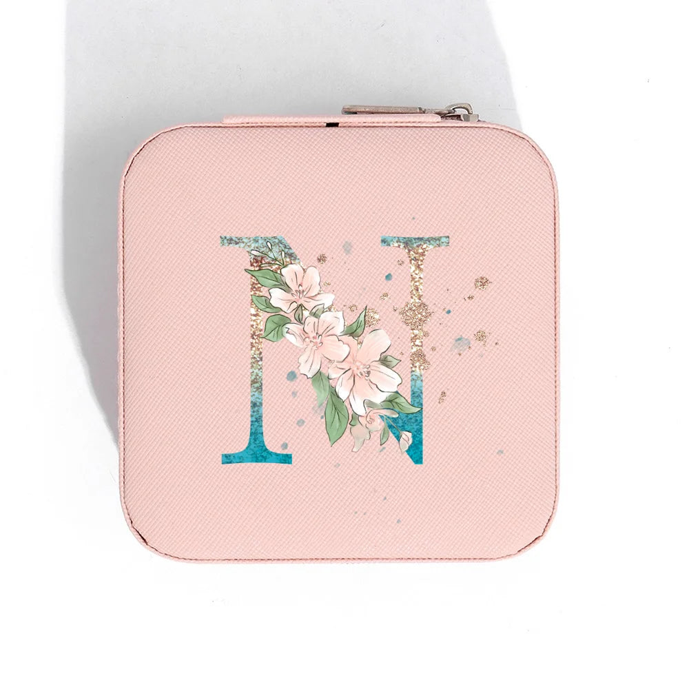 A-Z Alphabet Print Pink Travel Jewelry Organizer with Zipper Closure and Fabric Lining