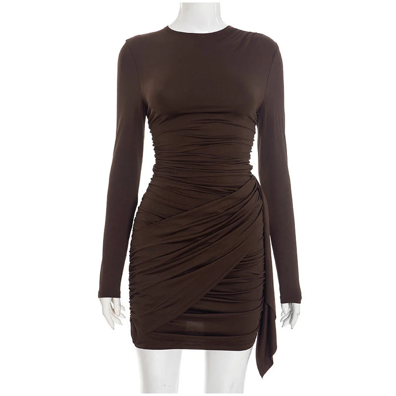 Casual Solid Pleated Bodycon Mini Dress Women Sexy Long Sleeve Waist-cinching Irregular Dresses 2026 Lady Chic Party Club Robe