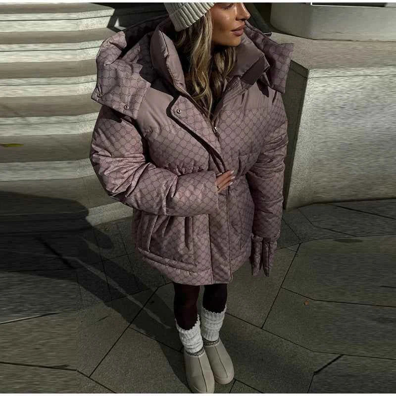 Printed Female Winter Cotton Quilted Jacket Hooded Thicken Zipper Single Breasted Long Sleeve 2025 New Casual Coat Loose Outwear