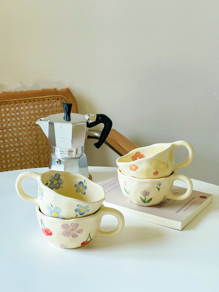 Hand Pinched Irregular Flower Ceramic Mugs Coffee Cups Milk Tea Cup Ins Korean Style Oatmeal Breakfast Mug Drinkware Kitchen cup