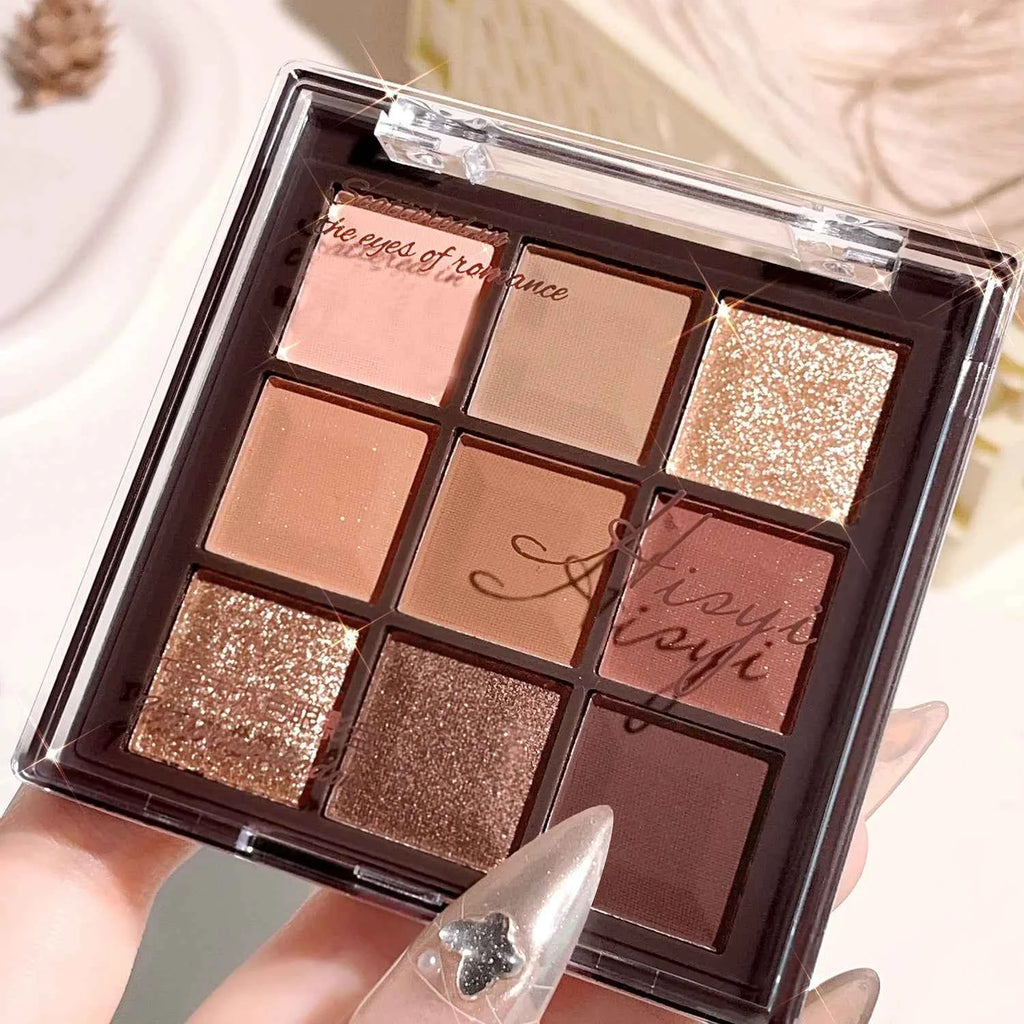 Mocha Chocolate Eyeshadow Palette - 9 brown, nude and gold shades in matte, natural and shimmer finishes, perfect for music fest