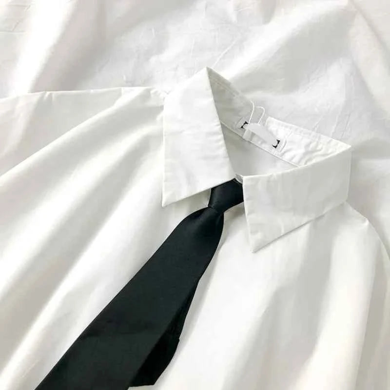 E-BAIHU 2025 White Shirt Women Blusas Short Sleeve Lapel Blouse with Tie Japanese Fashion Student Summer Daily College Style Top