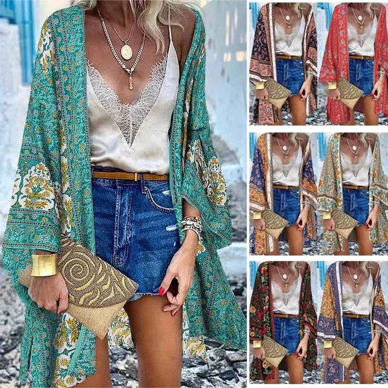 New Summer Bohemian Beach Printed Cardigan Jacket Long Sleeve Leisure Holiday Beach Swimsuit Blouse Shawl Long Coat M-5XL
