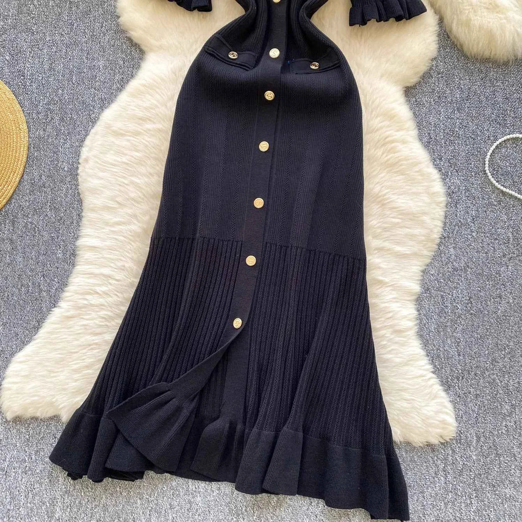 SINGREINY Summer OL Knit Dress 2025 Women V Neck Button Design Slim Mermaid Sundress Fashion Elastic Solid Bohemian Long Dress