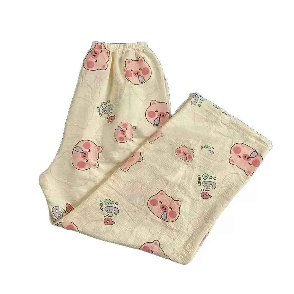 2025 New SUMMER Sleepwear Women's Long Pajamas Pants Women Loungewear Pig printing Autumn Loose