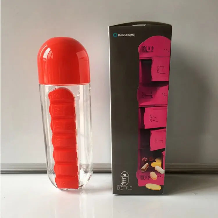 Portable Water Bottle with Built-in Pill Box for Medicines, Vitamins, Perfect for Outdoor, Gym, Fitness, Camping and Traveling
