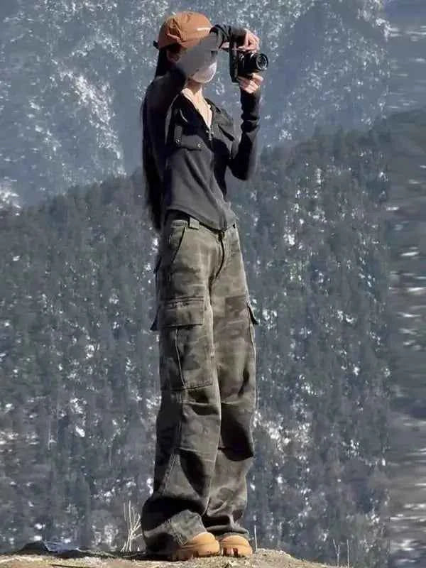 Y2k Clothes Jeans For Woman High Waist Flare Trousers Camouflage Cargo Wide Leg Straight Winter New Pants Slim Fit Fashion