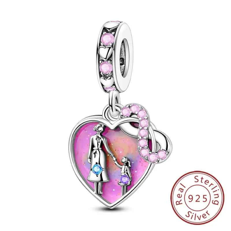 Original 925 Sterling Silver Charm Bead Mother's Day Love Heart Family Charm Bead Pendant Fits Bracelet Womens Jewelry Gifts