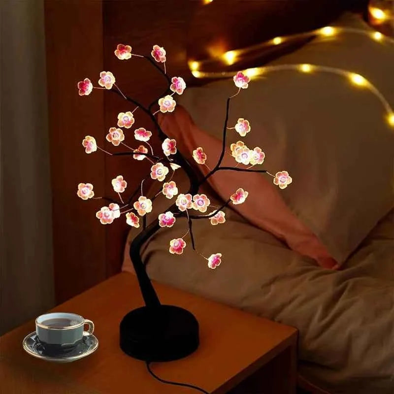 Table Tree Night Light USB/Battery Powered Touch Switch Artificial Bonsai Cherry Blossom Desktop Tree LED Lamp Light Decoration