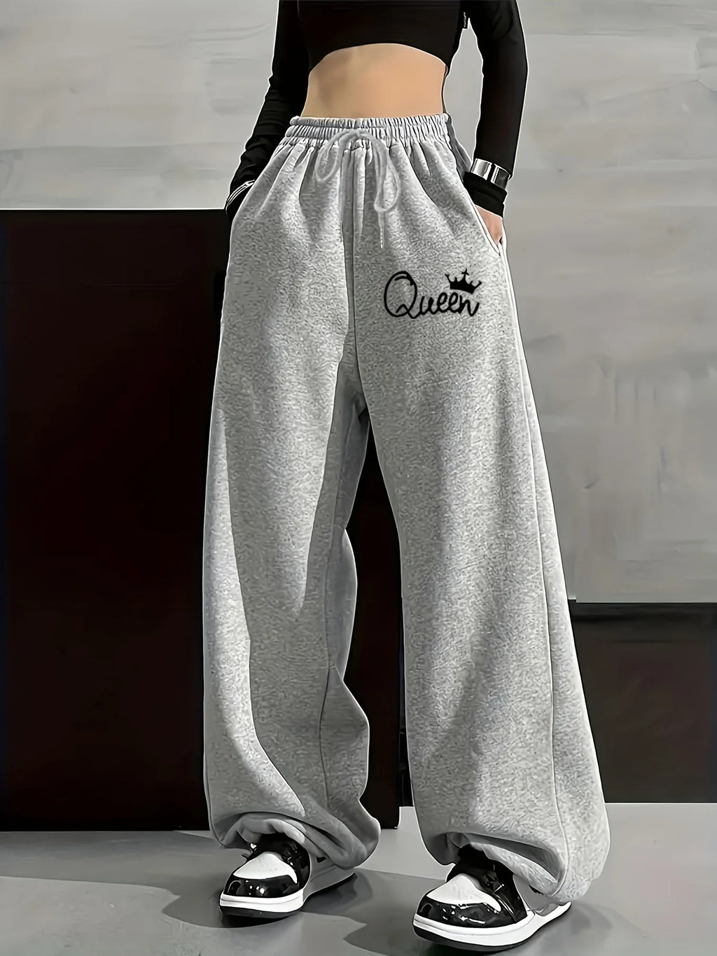 Women's Plus-size Street Style Casual Sweatpants with Personality Print Autumn and Winter Fleece Loose Fit Streetwear Oversized