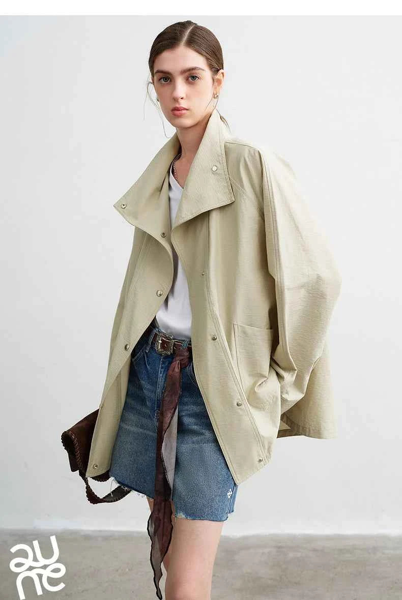 TOYOUTH Women's 2026 Spring New Loose Stand-Collar Utility-Style Lightweight Jacket Coat with Slub Wrinkle Texture
