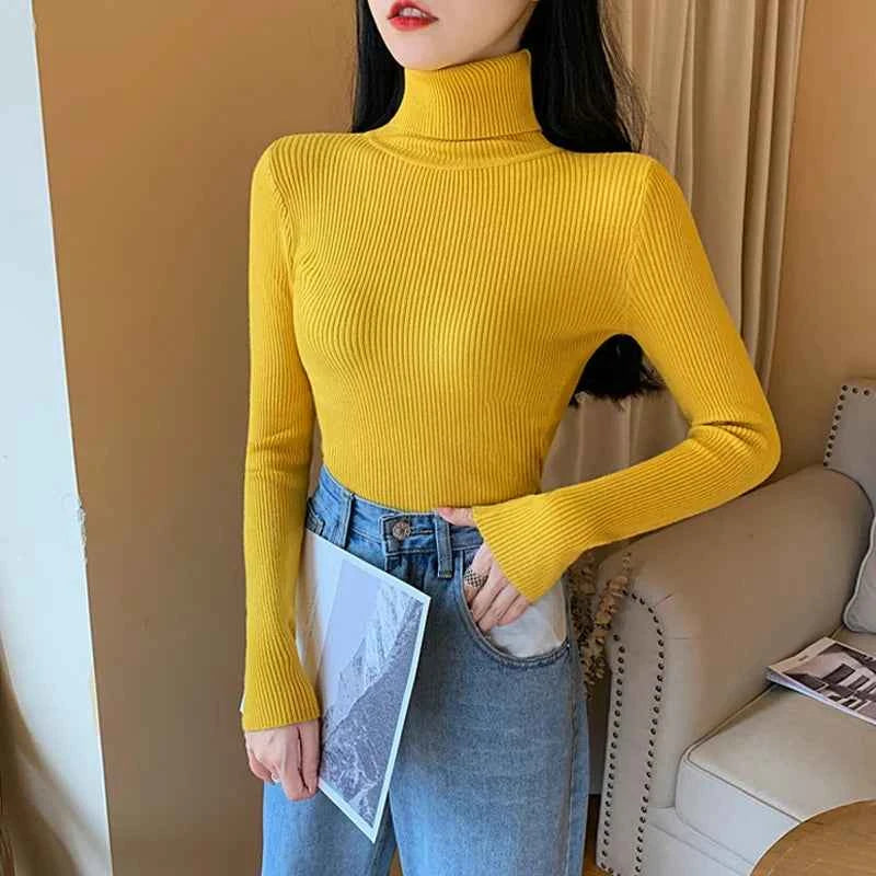 2026 Autumn Winter Women Long Sleeve Knitted Foldover Turtleneck Ribbed Pull Sweater Soft Warm Femme Jumper Pullover Clothes