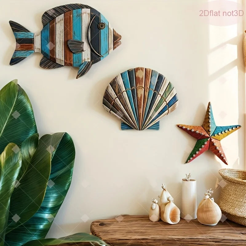 1 Set of Colorful Wooden Ocean Art Wooden Sea Fish Shells Starfish Farmhouse Style Decor Living Room Bedroom Wall Art Decoration