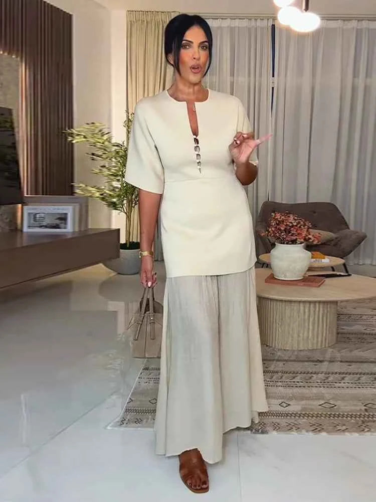 Elegant Women Patchwork Long Dress Short Sleeve O Neck Button A-Line Dresses Spring Summer Vintage Beach Vacation Casual Robes