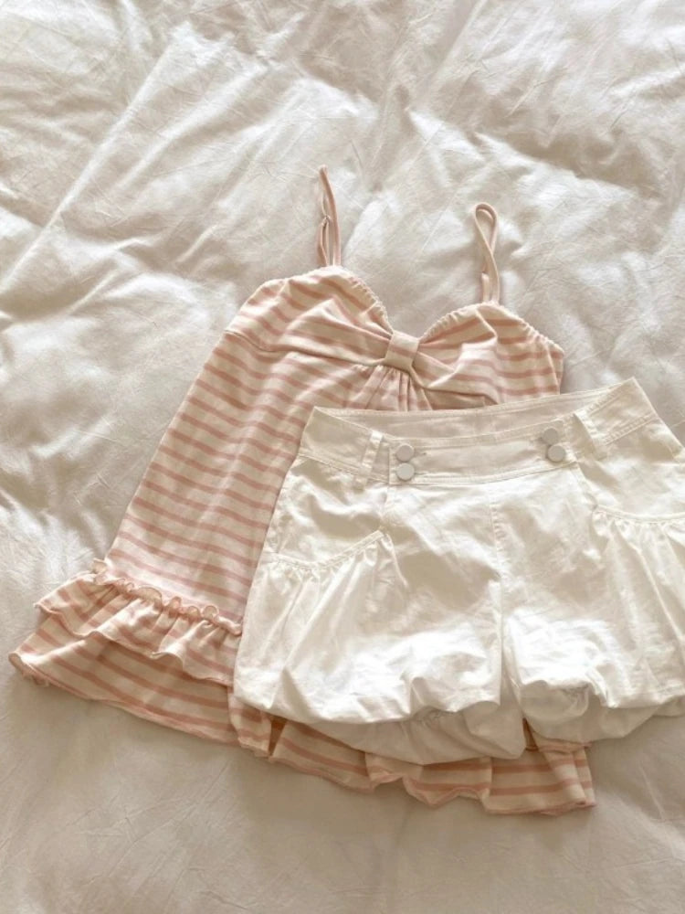 Japanese Sweet Vest Women Clothing Vintage Striped Sleeveless Tees Fashion Summer Camis Ruffles Slim Fit Vintage Tank Ropa Mujer