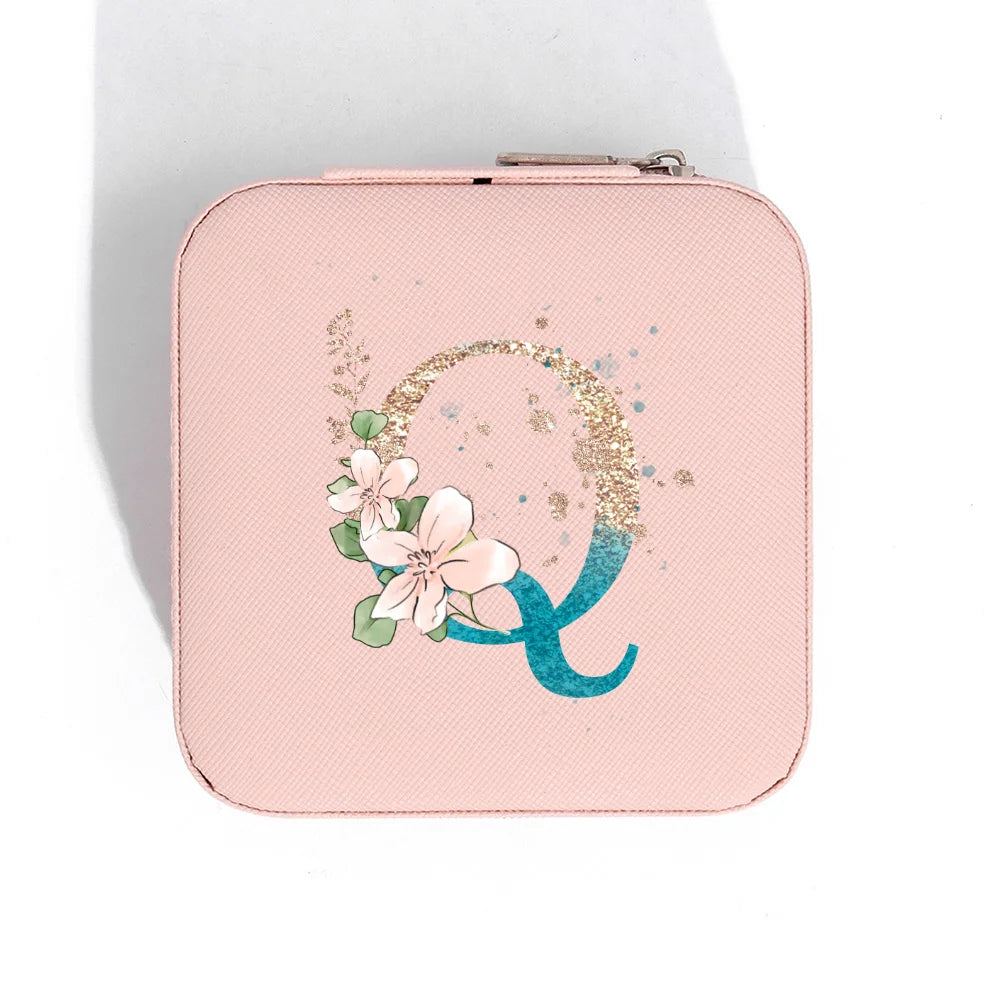A-Z Alphabet Print Pink Travel Jewelry Organizer with Zipper Closure and Fabric Lining