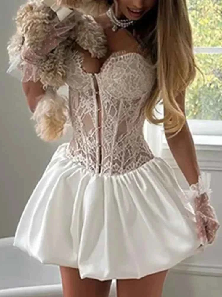 Women Sexy Lace Patchwork Corset Sling Dress Sleeveless Off-shoulder High Waist Slim Mini Dresses 2026 New Evening Party Robe