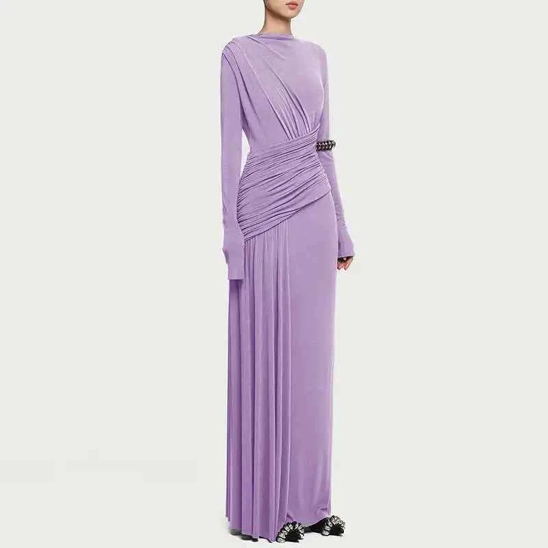 QMQA Fashion Women's Asymmetric Pleated Elegant Dress Solid Color Long Sleeve High Waist Slimming Party Dresses 2025 New QM519