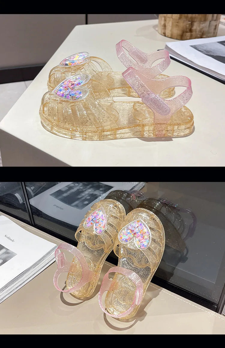 2026Kids' Sandals Ourdoor Crystal Jelly Shoes PVC Love Baby Fashion Flat For Girls Breathable Anti-slip Purple Sliver Size 24-35